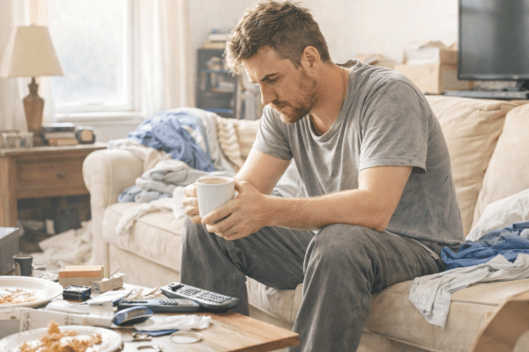 Man sitting on bed with head bowed, hands clasped, in soft morning light