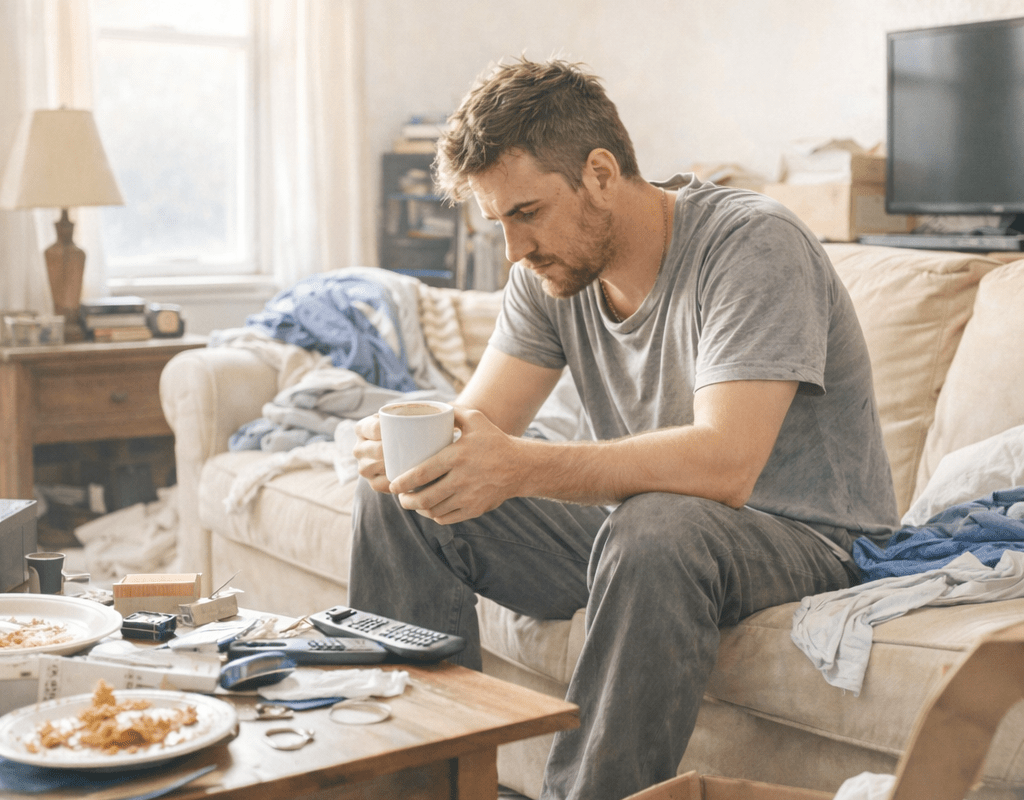 Man sitting on bed with head bowed, hands clasped, in soft morning light