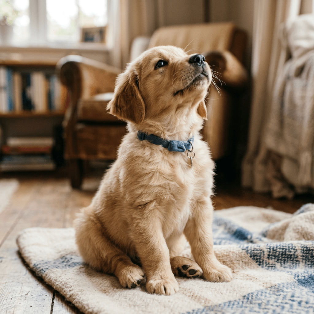 Golden retriever puppy sitting on a rug looking upward indoors
