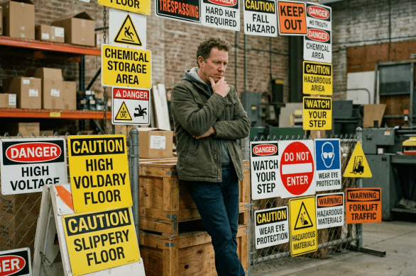 Man standing next to multiple industrial safety and warning signs in a warehouse
