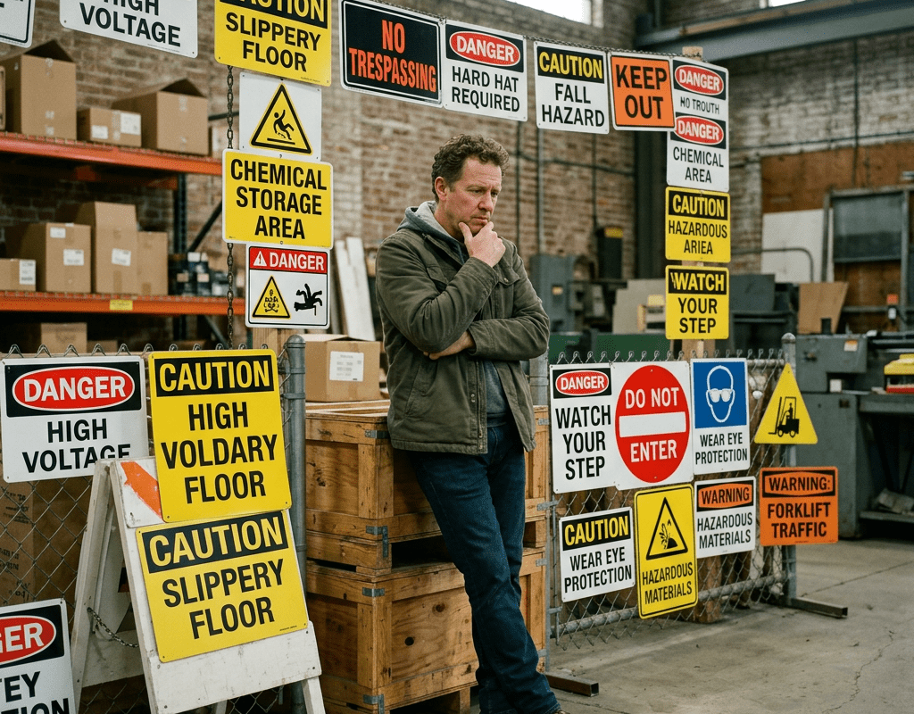 Man standing next to multiple industrial safety and warning signs in a warehouse