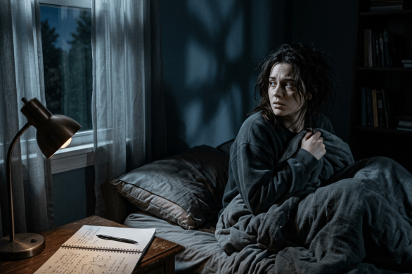 Woman sitting up in bed looking anxious at night with open notebook on bedside table