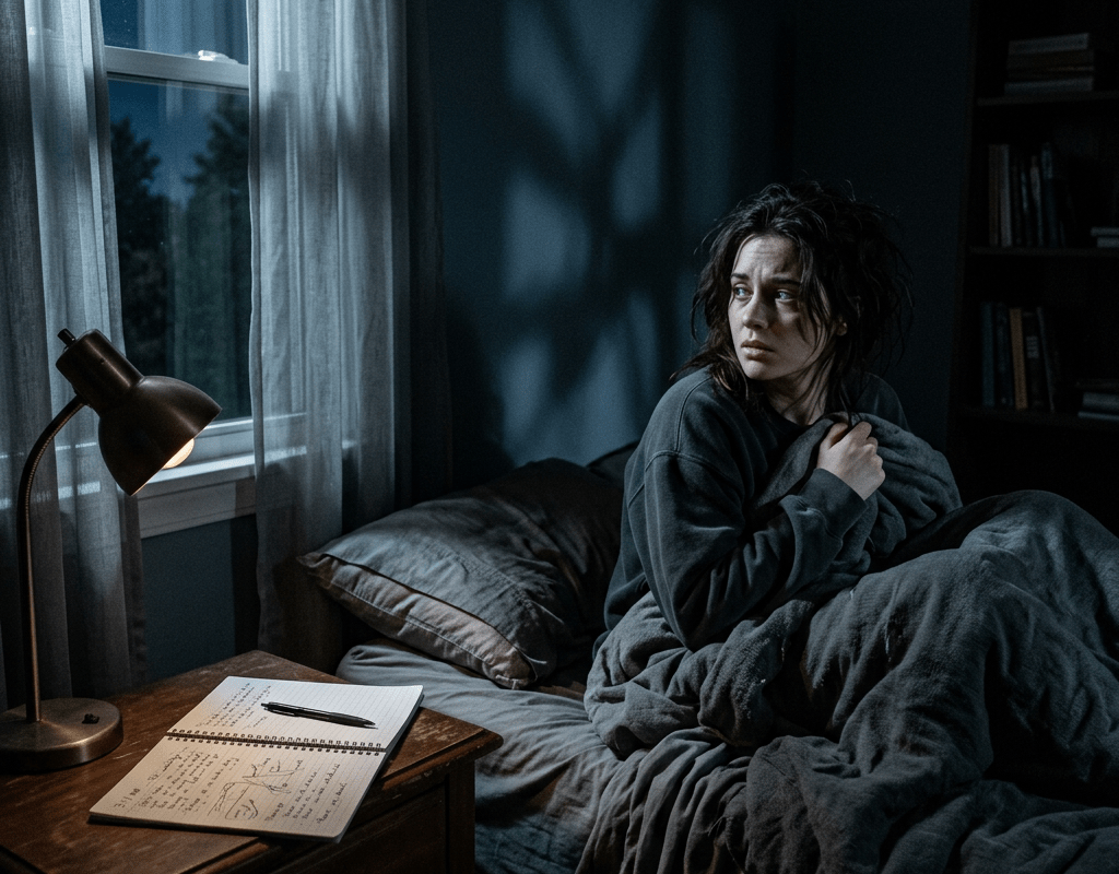 Woman sitting up in bed looking anxious at night with open notebook on bedside table