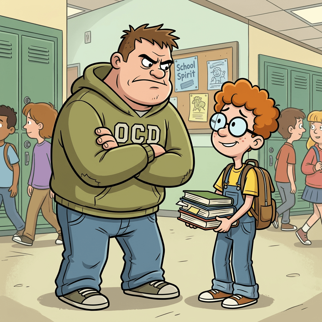 A large student with crossed arms confronts a smaller student smiling and holding books in a school hallway with lockers and bulletin board