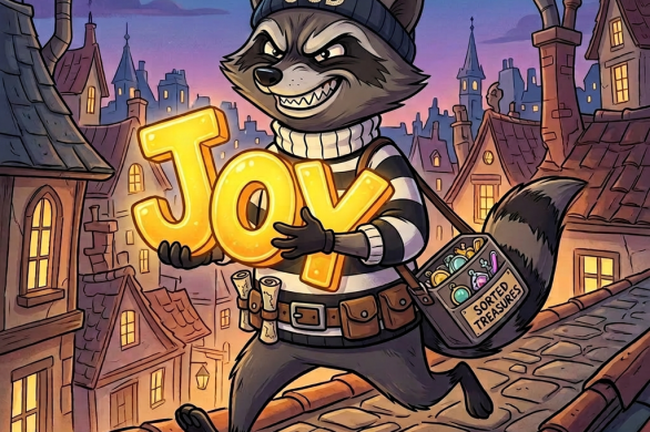 Raccoon wearing a beanie and striped sweater carrying a glowing 'Joy' sign and a bag labeled 'Sorted Treasures'
