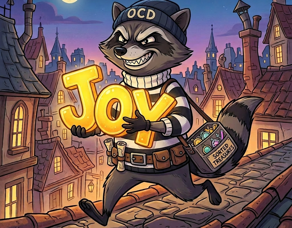 Raccoon wearing a beanie and striped sweater carrying a glowing 'Joy' sign and a bag labeled 'Sorted Treasures'
