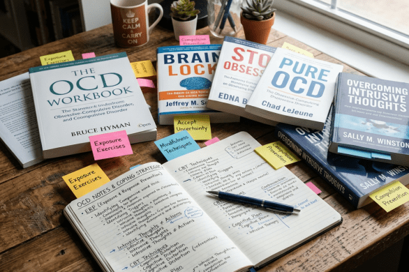 Books and notes about obsessive-compulsive disorder with highlighted coping strategies and sticky notes