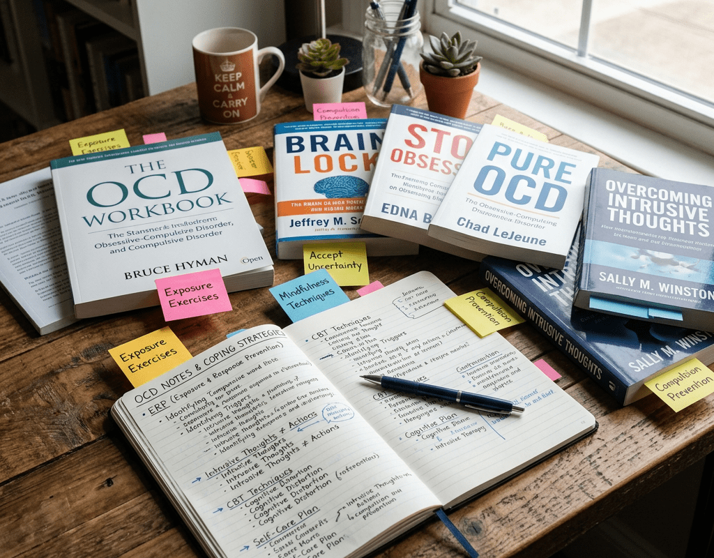 Books and notes about obsessive-compulsive disorder with highlighted coping strategies and sticky notes