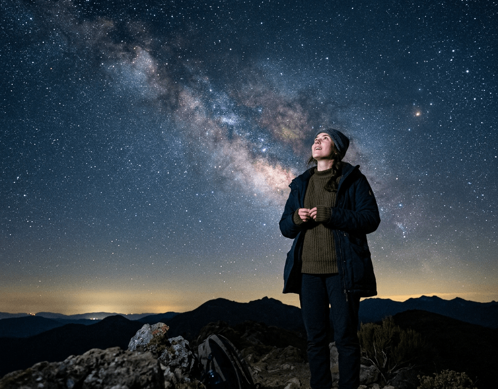 Person standing outdoors at night looking up at the Milky Way galaxy in the star-filled sky