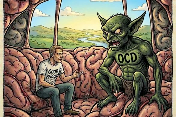 Two men labeled Reason and Logic pulling a large brain away from a creature labeled OCD