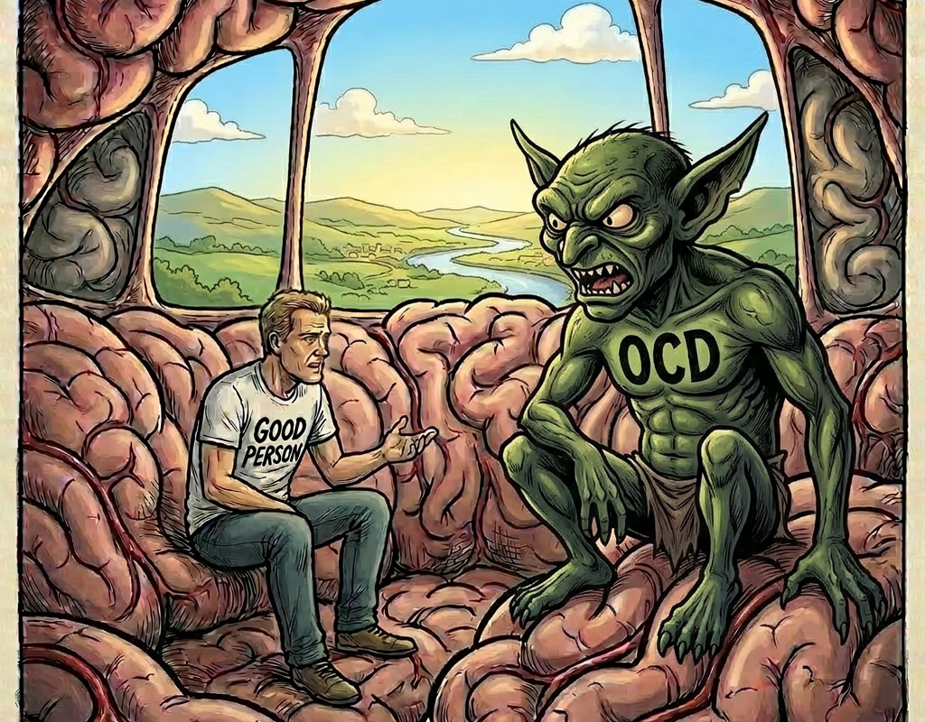 Two men labeled Reason and Logic pulling a large brain away from a creature labeled OCD