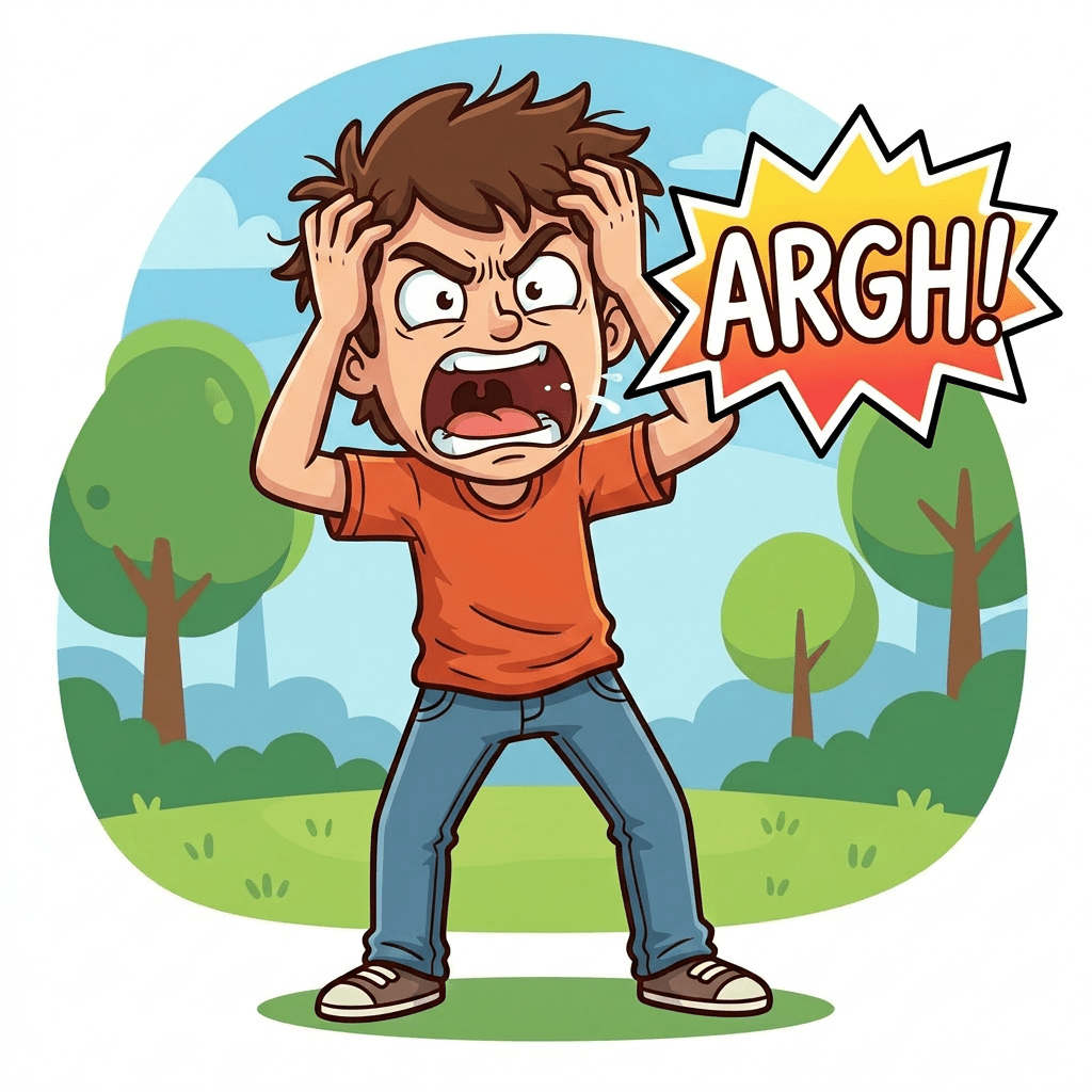 Boy with brown hair wearing orange shirt and blue jeans shouting angrily with clenched fists outside