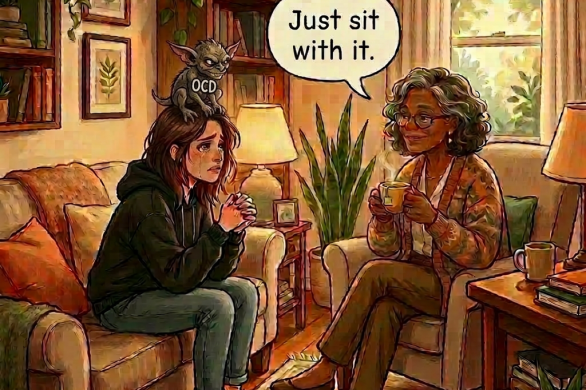 Young woman talking to therapist in cozy, warmly lit room