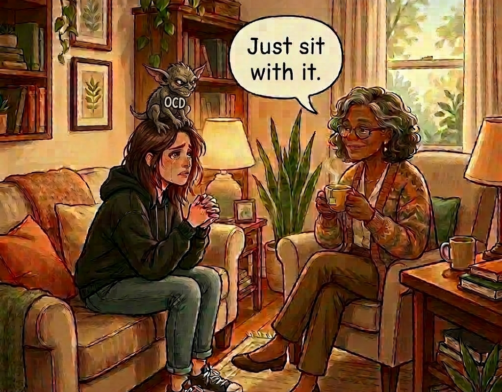 Young woman talking to therapist in cozy, warmly lit room