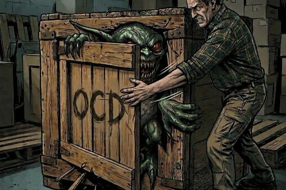 Gremlin peeking out from a partially open wooden crate labeled 'Property of Gremlin's Cave - Do Not Open'