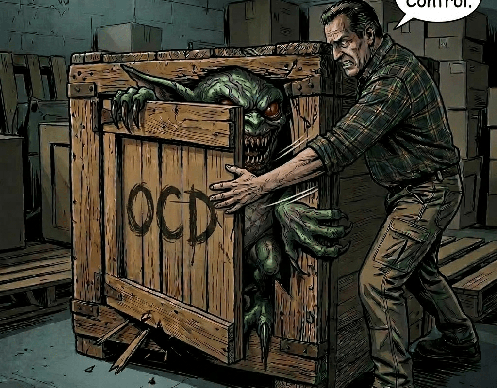 Gremlin peeking out from a partially open wooden crate labeled 'Property of Gremlin's Cave - Do Not Open'