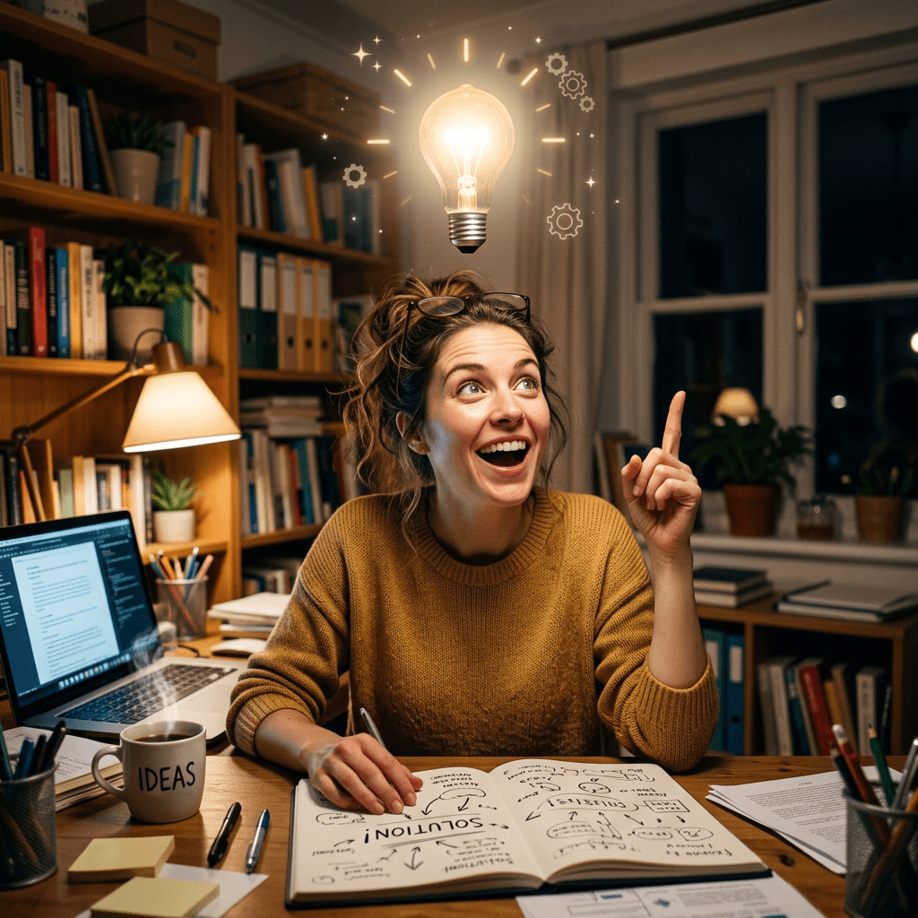 Woman having a bright idea with a light bulb above her head while studying at a desk