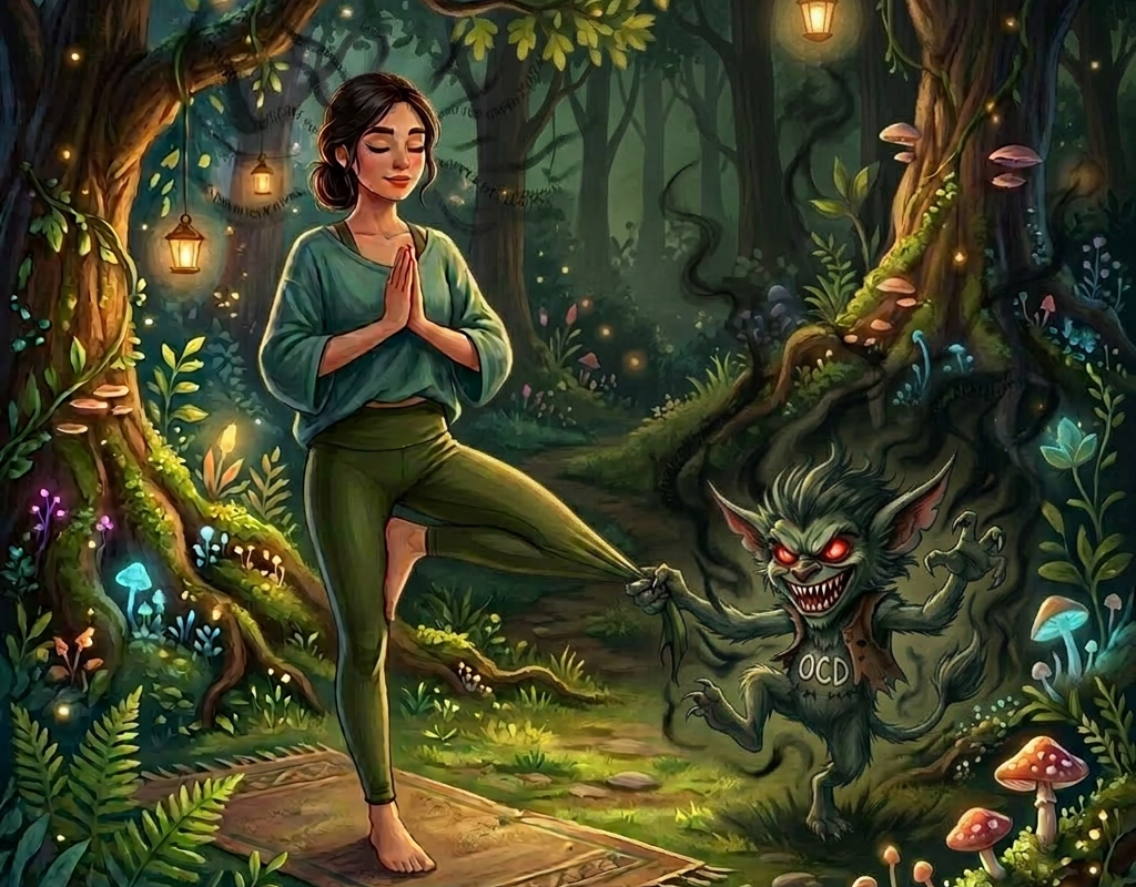 Woman doing tree pose yoga in forest with joyful small creature dancing beside her