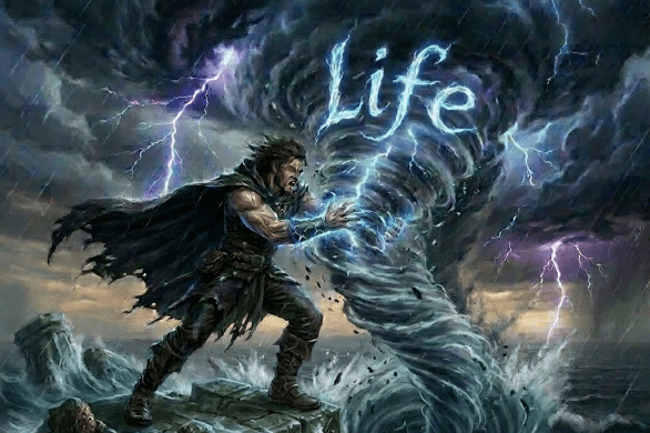 Mage using magical powers to summon a swirling storm vortex on a cliff beside a turbulent sea
