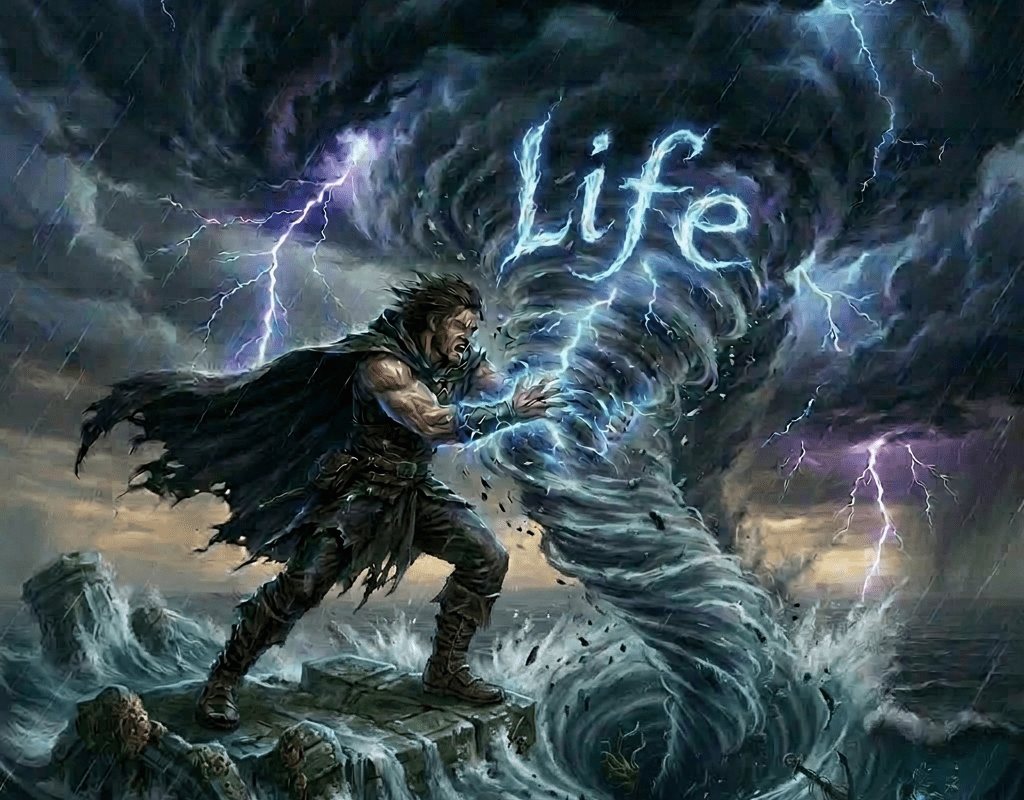 Mage using magical powers to summon a swirling storm vortex on a cliff beside a turbulent sea