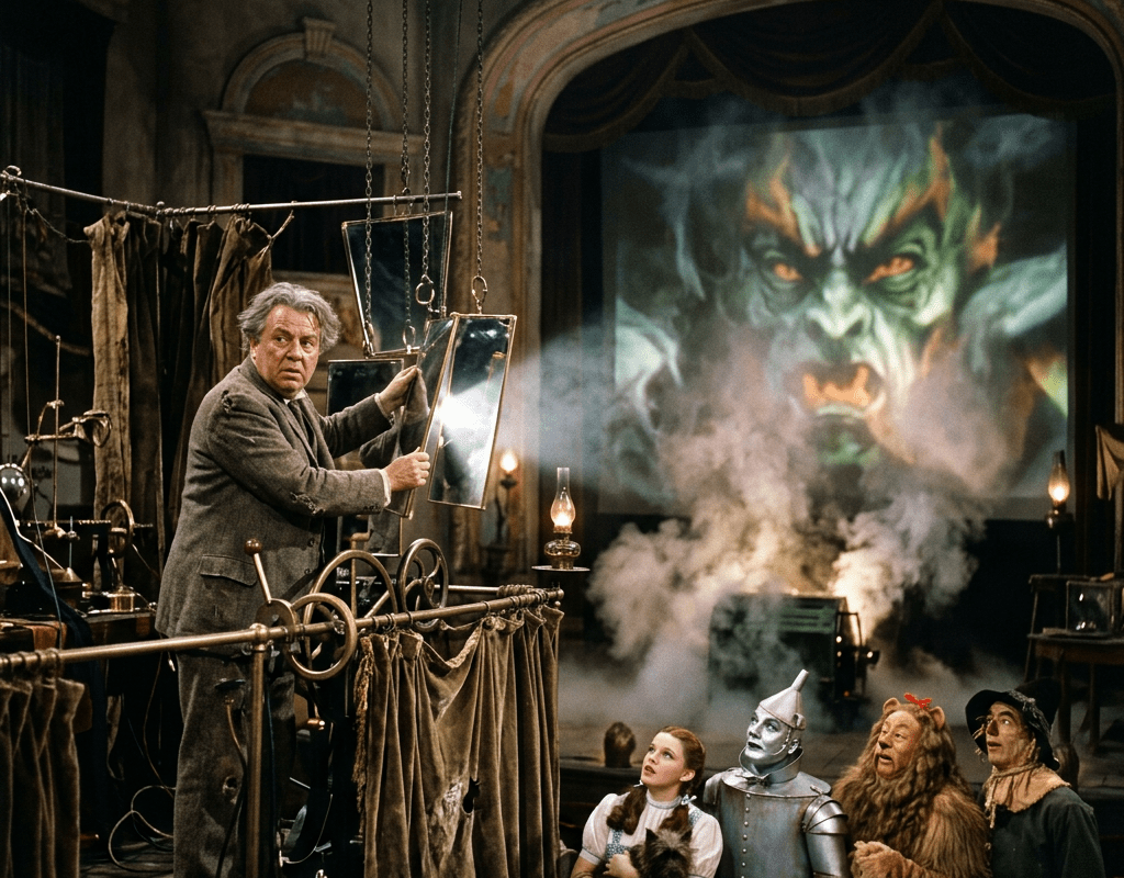 Wizard operating mirrors to create a large mystical face projection behind four watching characters.