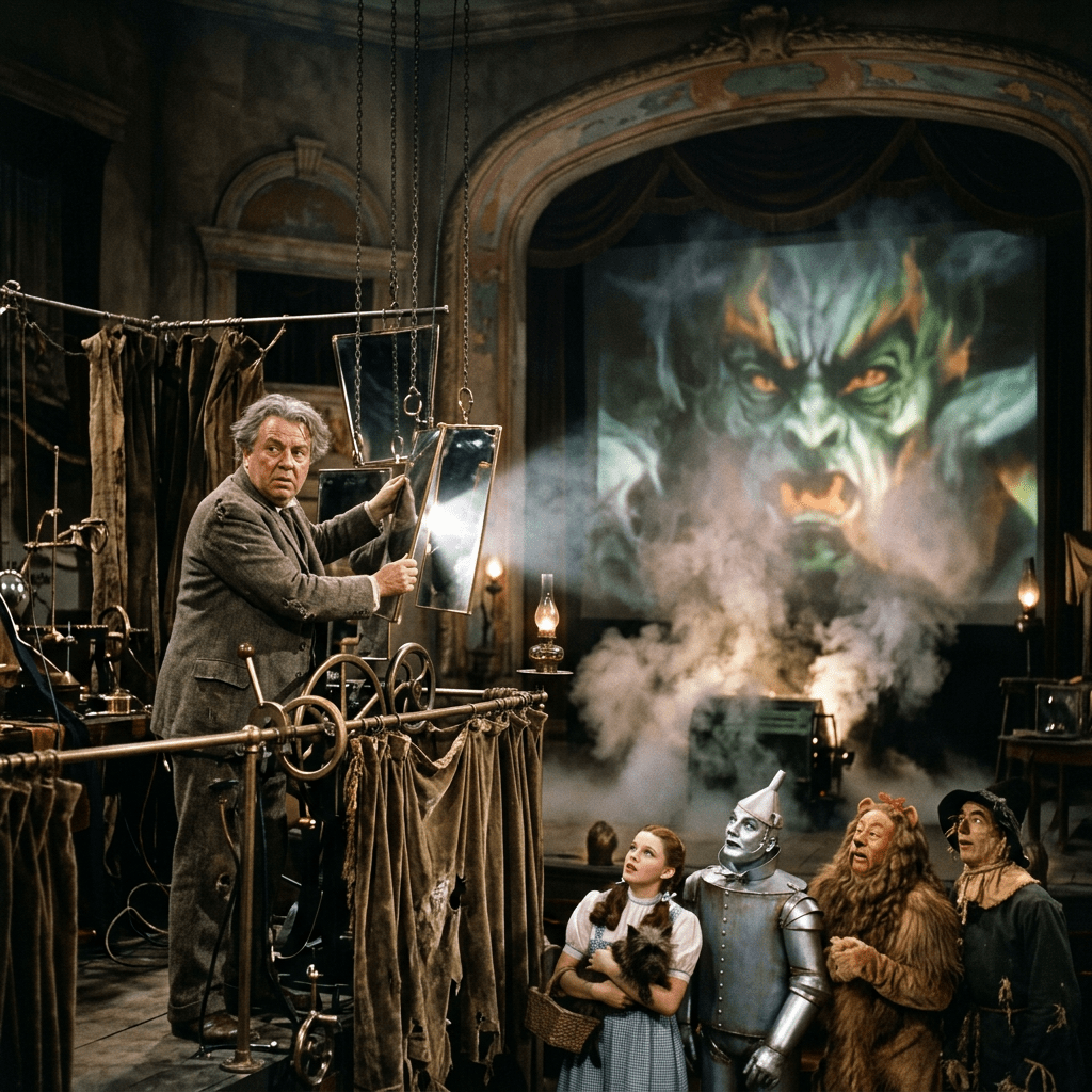 Wizard operating mirrors to create a large mystical face projection behind four watching characters.