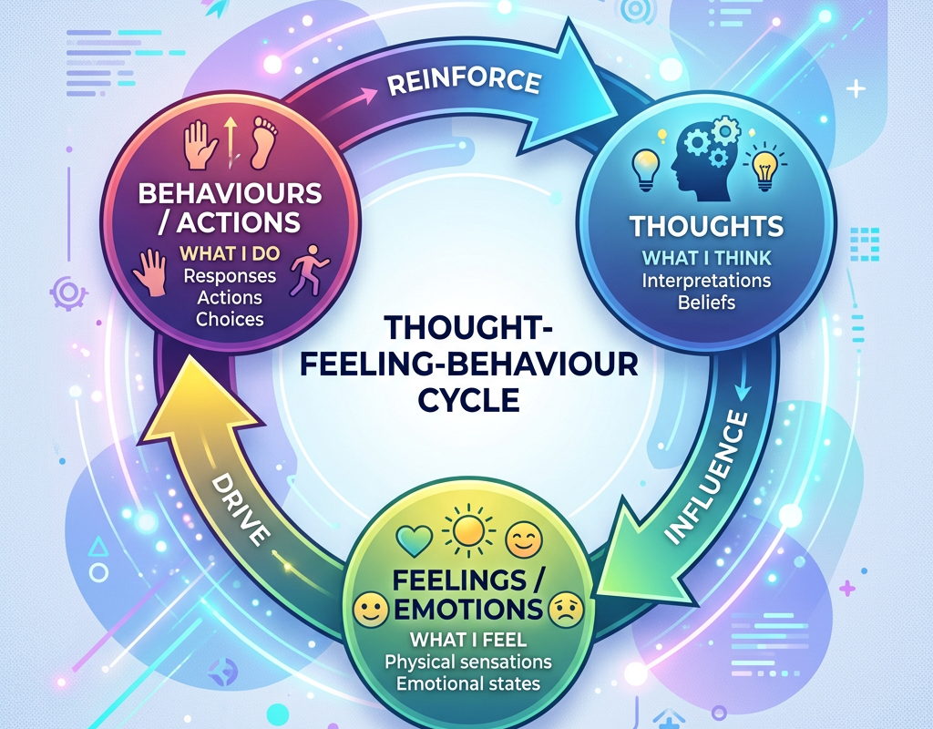 Diagram of thought-feeling-behaviour cycle with three connected circles labeled Thoughts, Feelings/Emotions, and Behaviours/Actions