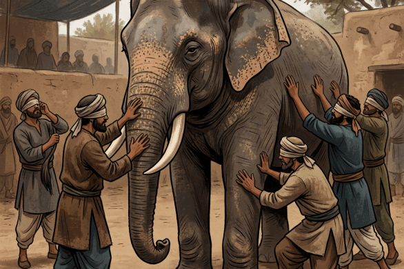 Blindfolded men touching different parts of an elephant's body in a dusty courtyard.