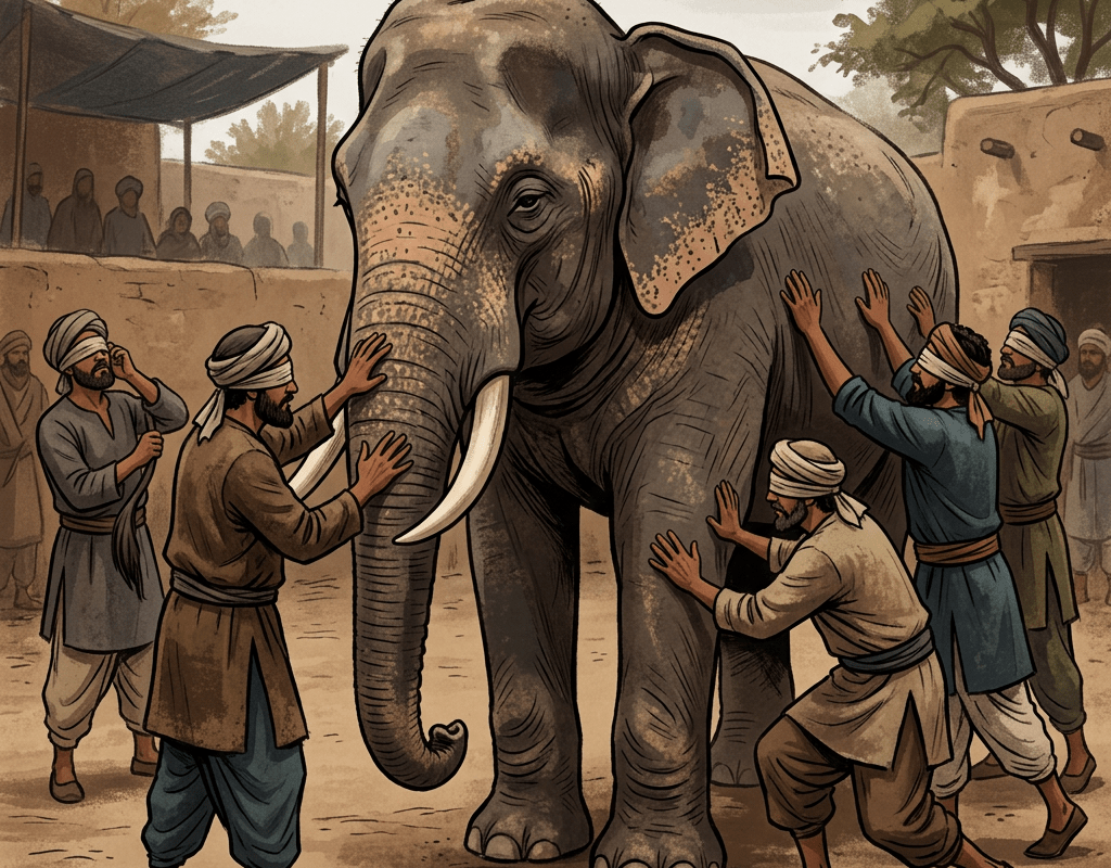 Blindfolded men touching different parts of an elephant's body in a dusty courtyard.