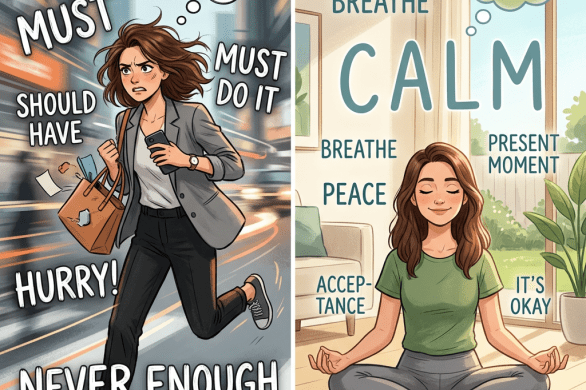 Split image showing stressed woman rushing with thoughts versus calm woman meditating peacefully