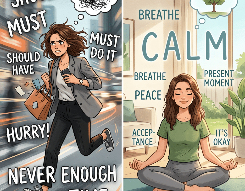 Split image showing stressed woman rushing with thoughts versus calm woman meditating peacefully