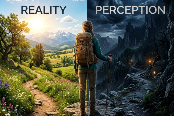 Hiker with backpack and trekking pole between sunny and moonlit mountain landscapes
