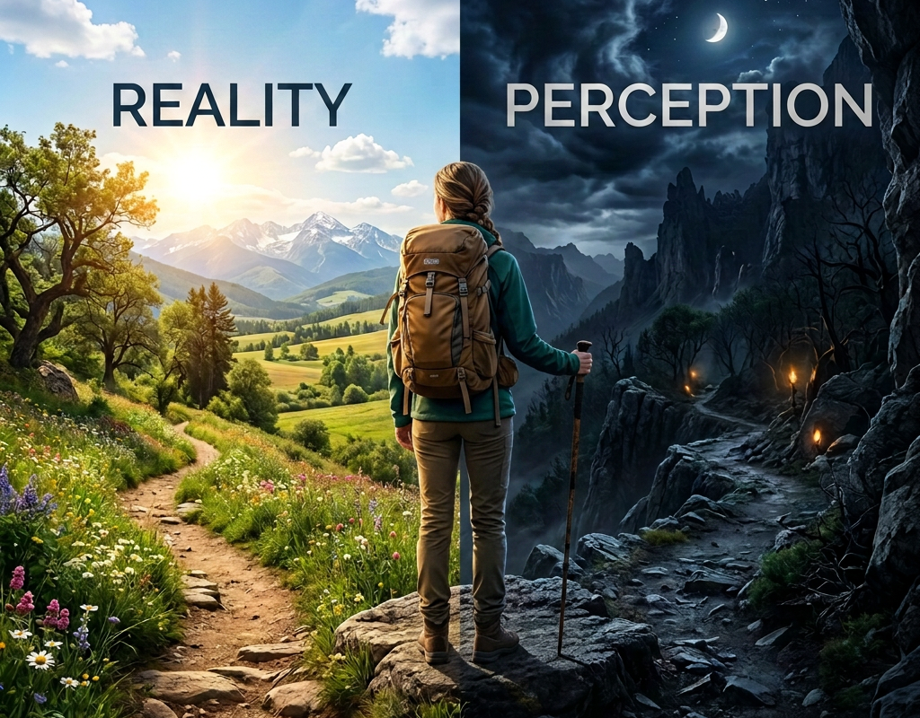 Hiker with backpack and trekking pole between sunny and moonlit mountain landscapes