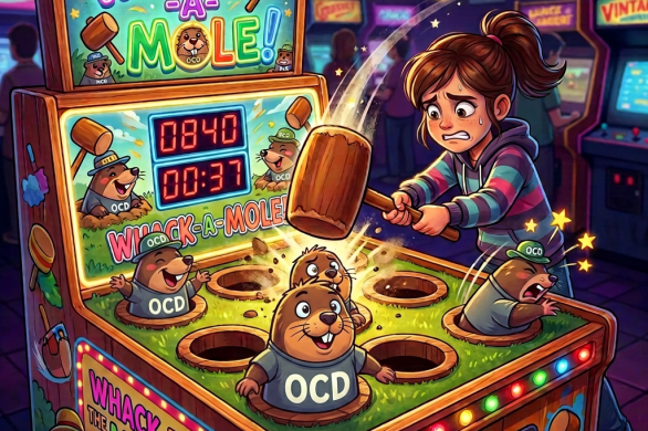 Girl playing a colorful whack-a-mole arcade game