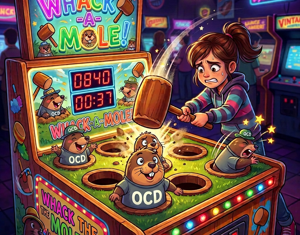 Girl playing a colorful whack-a-mole arcade game