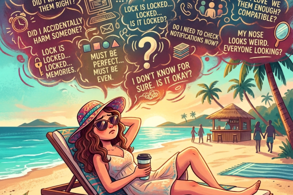 Woman relaxing on beach with text: WORK DEADLINE (again!), Check emails (ignore them), What did Sarah Sinarah say (milk, bread, kale?), Did I lock the door?, Buy groceries, charged?, Save for mortgage (Is my phone charged?), Climate change?, Social media notifications!, What did Sarah is uncertain, I should be relaxing, I should be relaxing!, and How to Relax.