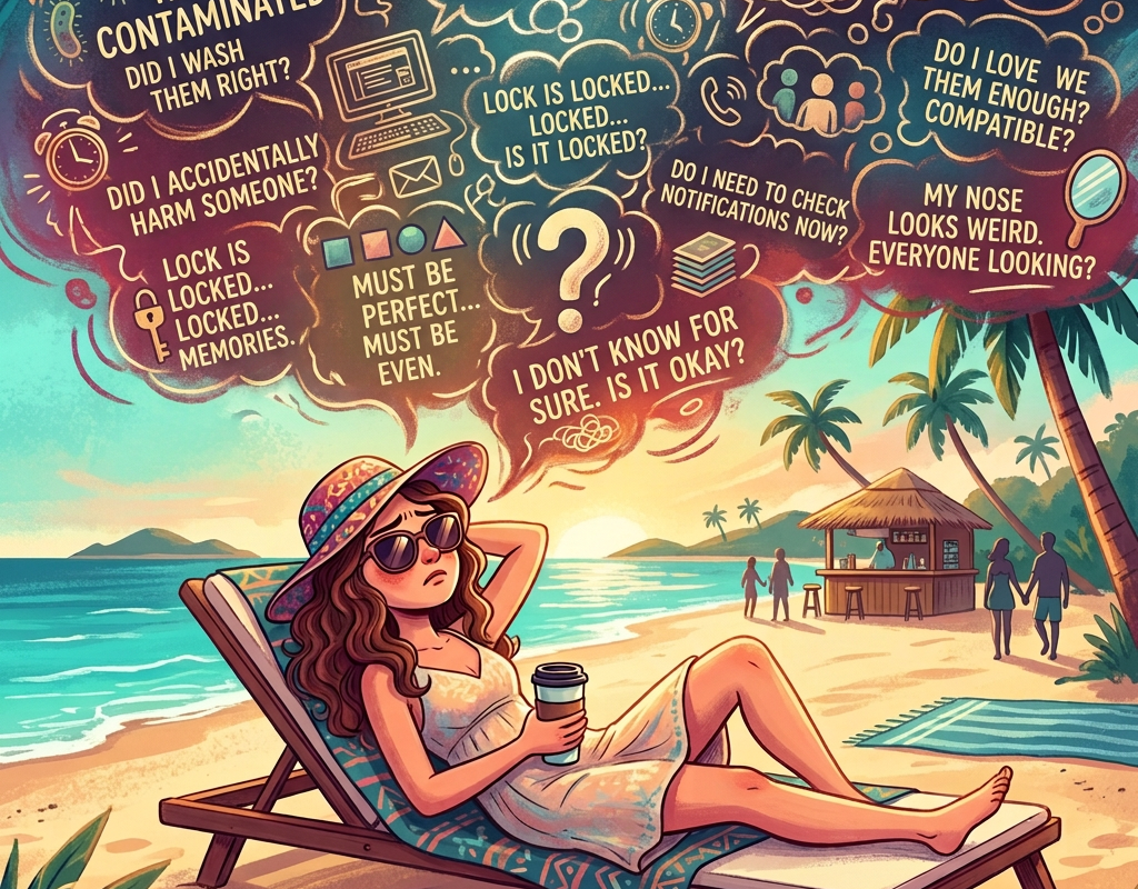 Woman relaxing on beach with text: WORK DEADLINE (again!), Check emails (ignore them), What did Sarah Sinarah say (milk, bread, kale?), Did I lock the door?, Buy groceries, charged?, Save for mortgage (Is my phone charged?), Climate change?, Social media notifications!, What did Sarah is uncertain, I should be relaxing, I should be relaxing!, and How to Relax.