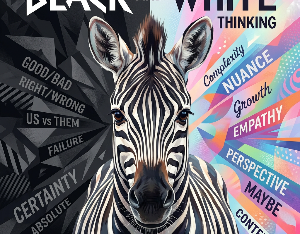 Zebra between text reading BLACK AND WHITE THINKING, GOOD BAD, RIGHT WRONG, US vs THEM, FAILURE, CERTAINTY, ABSOLUTE, COMPLEXITY, NUANCE, Growth, EMPATHY, PERSPECTIVE, MAYBE, and CONTEXT.