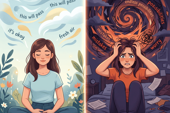 Split illustration with a relaxed woman surrounded by “peaceful moment,” “this will pass,” “it’s okay,” and “fresh air,” plus “RELAXED, LETTING THOUGHTS COME & GO”; beside a worried woman surrounded by “what if…?,” “did I forget?,” “must remember!,” “endless possibilities,” “mistakes,” and “worry,” with “STRESSED & WORRIED, SPIRALING FROM OVERTHINKING.”