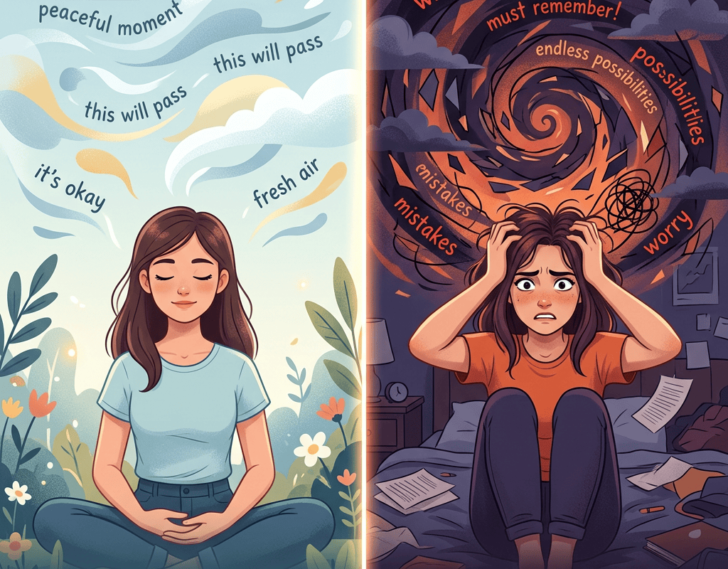 Split illustration with a relaxed woman surrounded by “peaceful moment,” “this will pass,” “it’s okay,” and “fresh air,” plus “RELAXED, LETTING THOUGHTS COME & GO”; beside a worried woman surrounded by “what if…?,” “did I forget?,” “must remember!,” “endless possibilities,” “mistakes,” and “worry,” with “STRESSED & WORRIED, SPIRALING FROM OVERTHINKING.”
