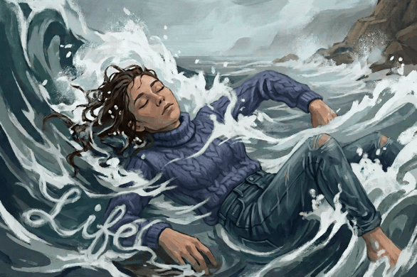 Person struggling in turbulent ocean waves near a rocky coast