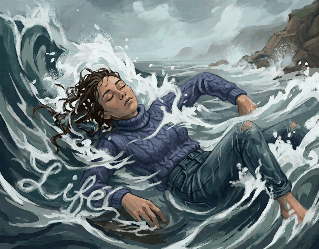 Person struggling in turbulent ocean waves near a rocky coast